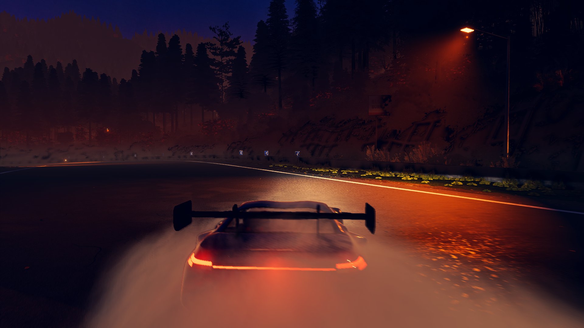 Tyre smoke lit by taillights